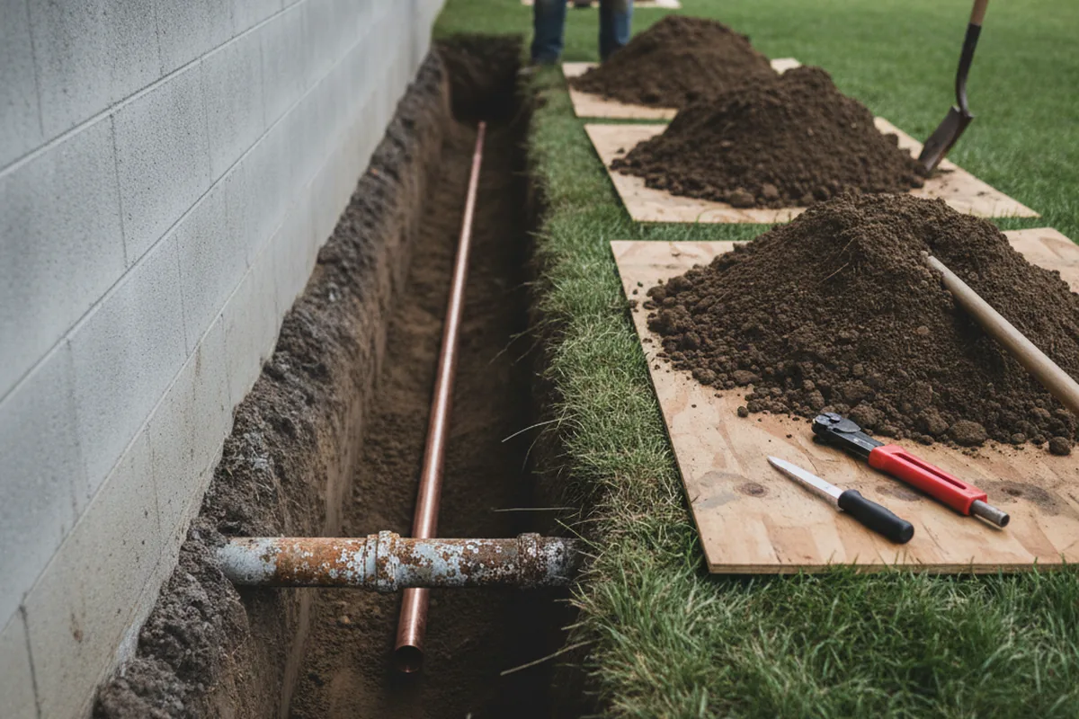 Excavated water line trench during Sewer Line Repair in Donegal